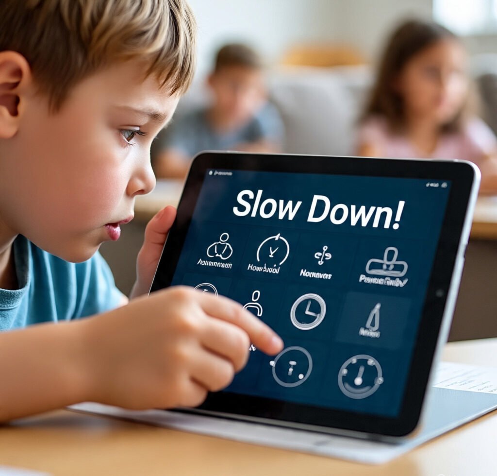 Child tapping quiz answers impulsively, showing low attention span