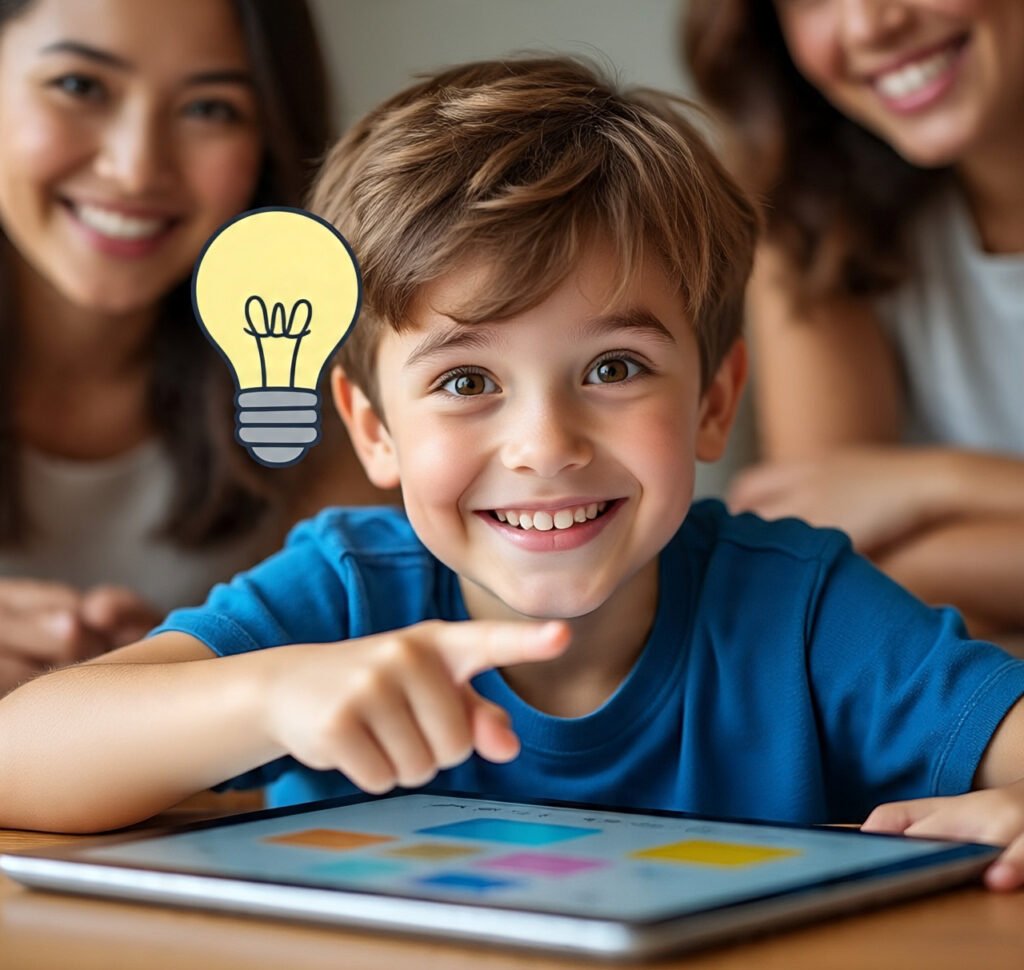 A boy’s face lighting up with joy after solving a math problem correctly on his tablet.