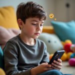 A young boy sitting indoors, looking down at a smartphone with a serious expression, surrounded by soft toys and cushions, symbolizing mobile overuse.