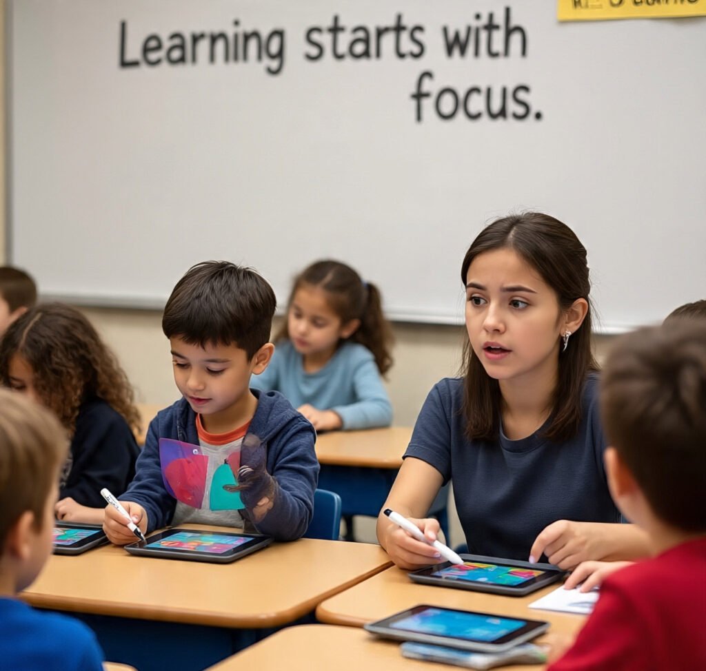 Happy students using Focus Fun in a well-managed classroom, with teacher support and digital learning.”