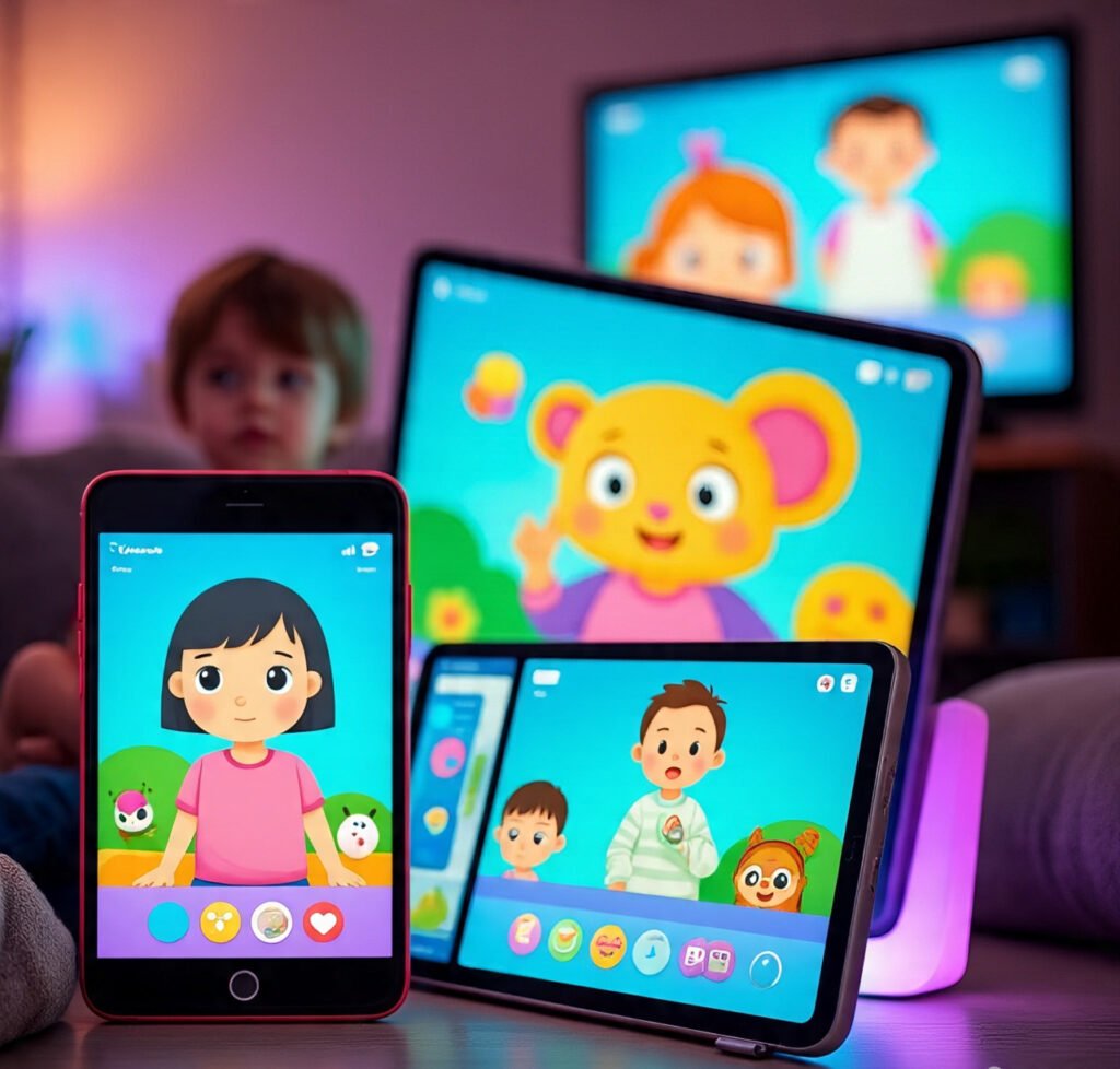 Various digital devices displaying children’s content, highlighting the prevalence of screens in a child’s environment.