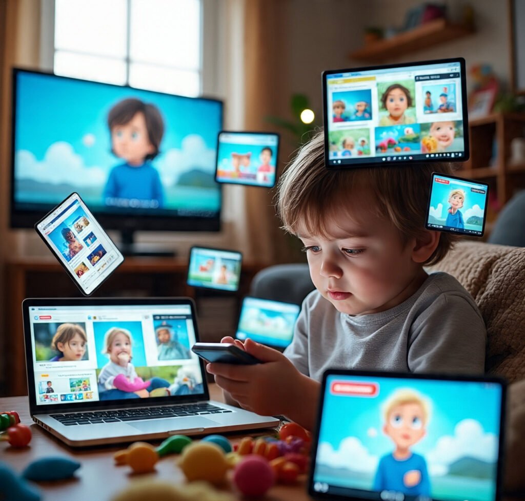 Multiple screens surrounding a child representing modern screen exposure
