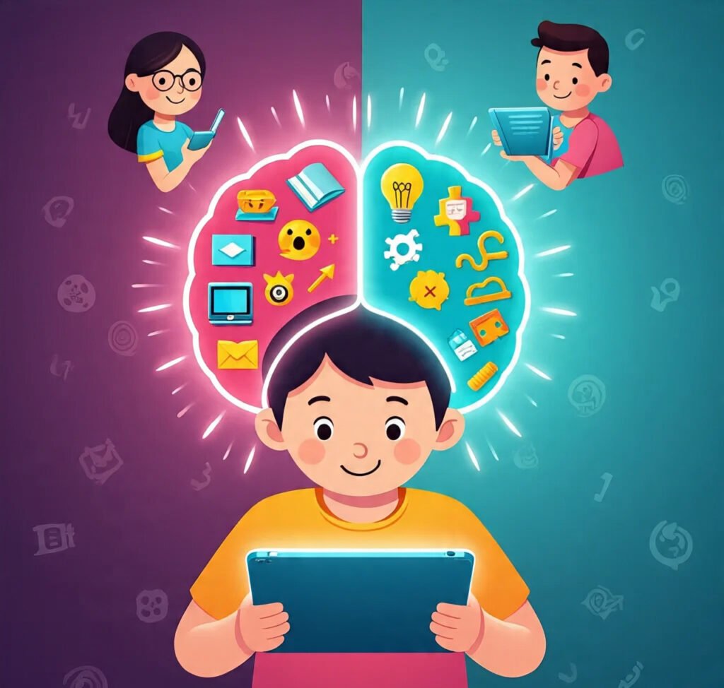 Child using a learning app with kids brain development split between overstimulation and focused growth