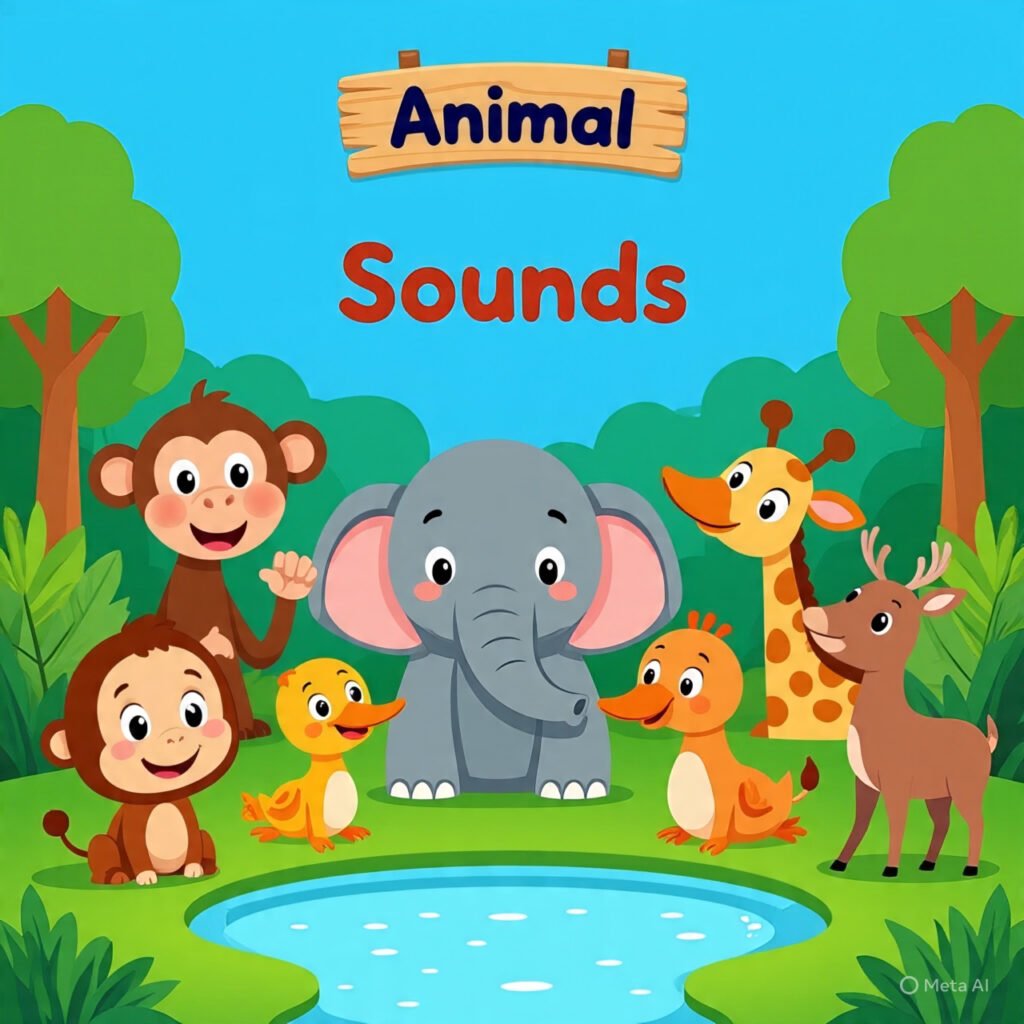 Colorful cartoon jungle scene titled "Animal Sounds," featuring cheerful animals like an elephant, monkey, cow, lion, giraffe, duck, dolphin, and parrot around a pond, designed to teach kids animal sounds.