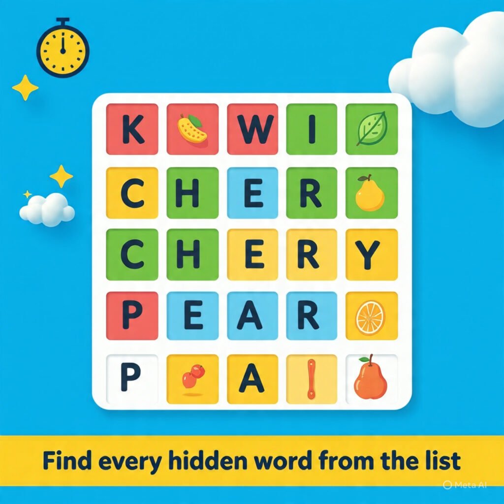 A bright and playful word search puzzle for kids featuring the words KIWI, CHERRY, and PEAR, with colorful highlights, fruit icons, and a blue sky background with clouds.
quiz time online