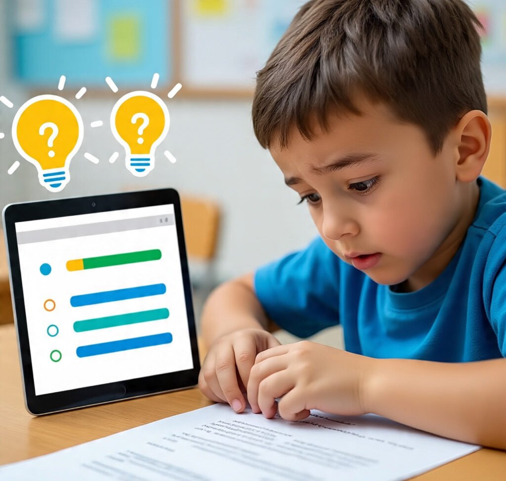 A 2nd-grade student confused by a report card but engaged and happy while playing an educational quiz game on a tablet.