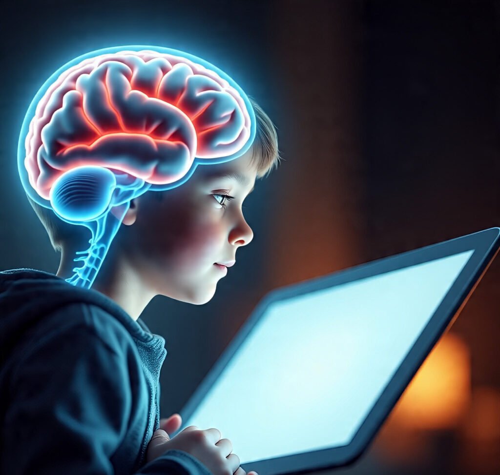 “A young child sitting in front of a glowing tablet in a dark room, with a transparent overlay of their brain highlighting the prefrontal cortex in blue and the reward center in red.”