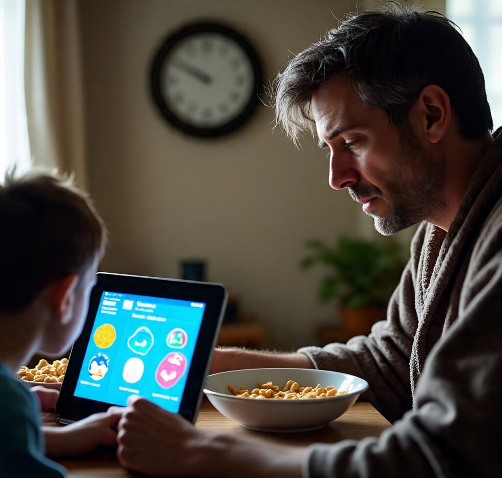 Parent frustrated as child is distracted by tablet during morning.