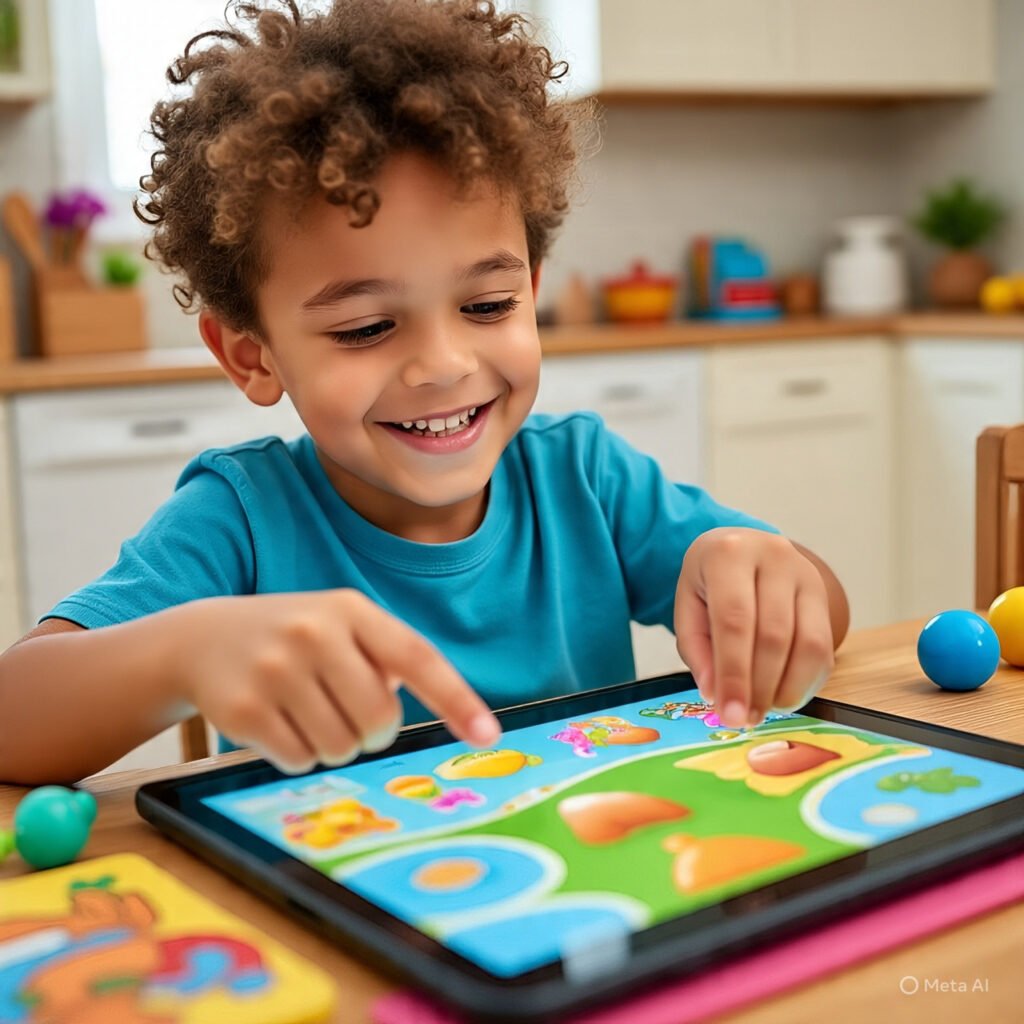 “A child engaging with an interactive educational game on a tablet, showing focus and enjoyment.
