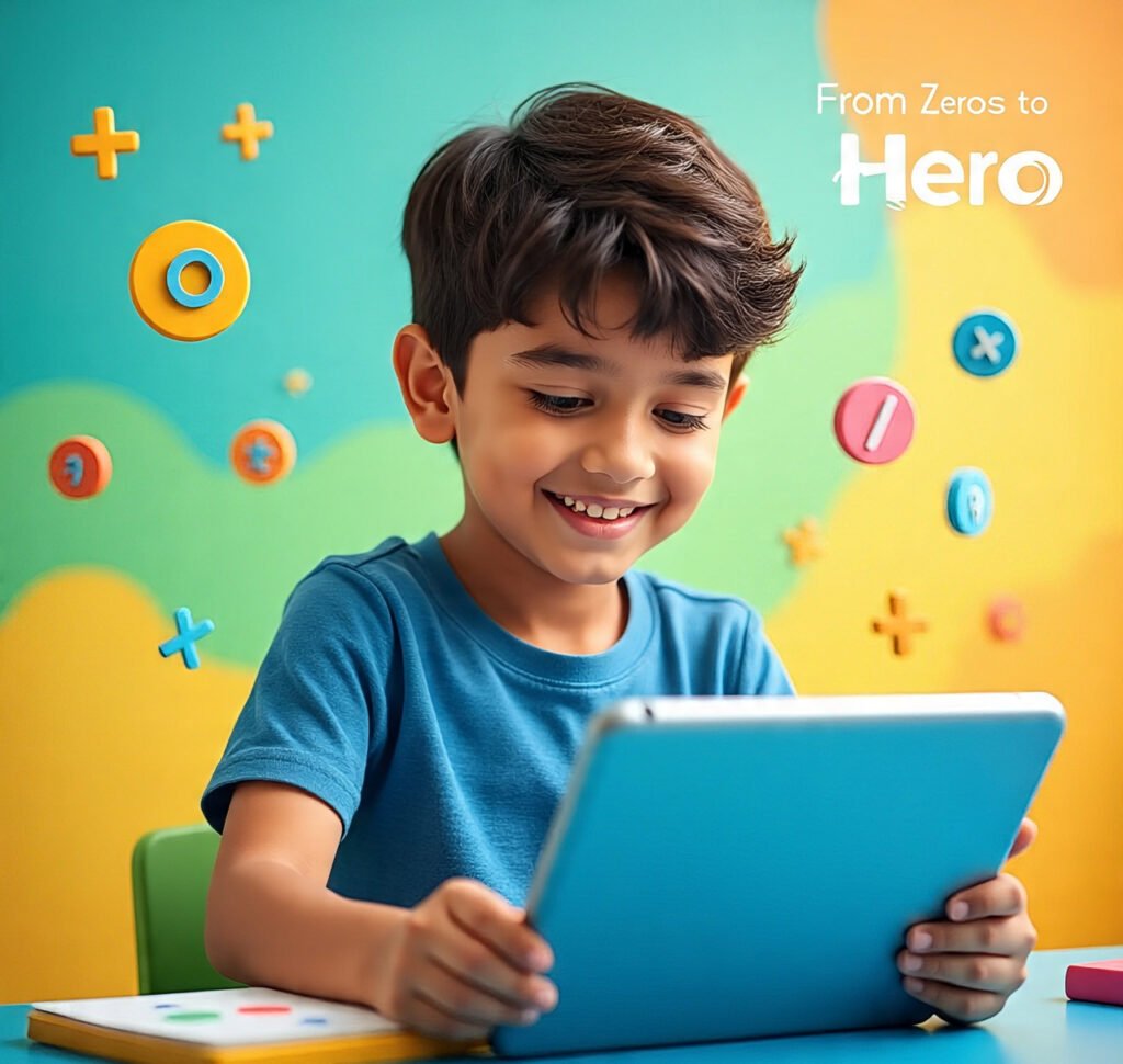A smiling young boy using a tablet to play a math quiz game, with floating numbers and stars.