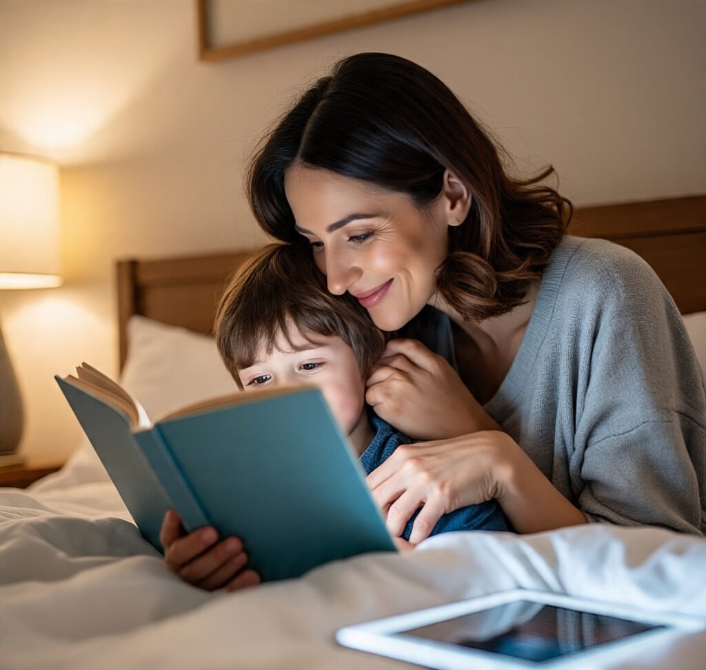 Parent and child reading together after screen wind-down with Focus Fun.