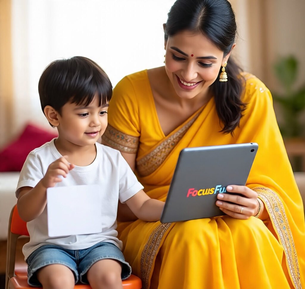 Mother helping son learn through FocusFun on a tablet