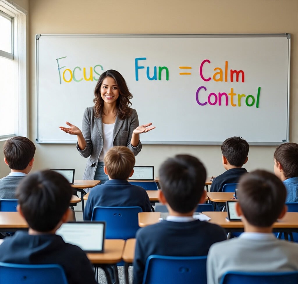 Teacher confidently managing classroom screen control using Focus Fun in a focused and engaged classroom environment."