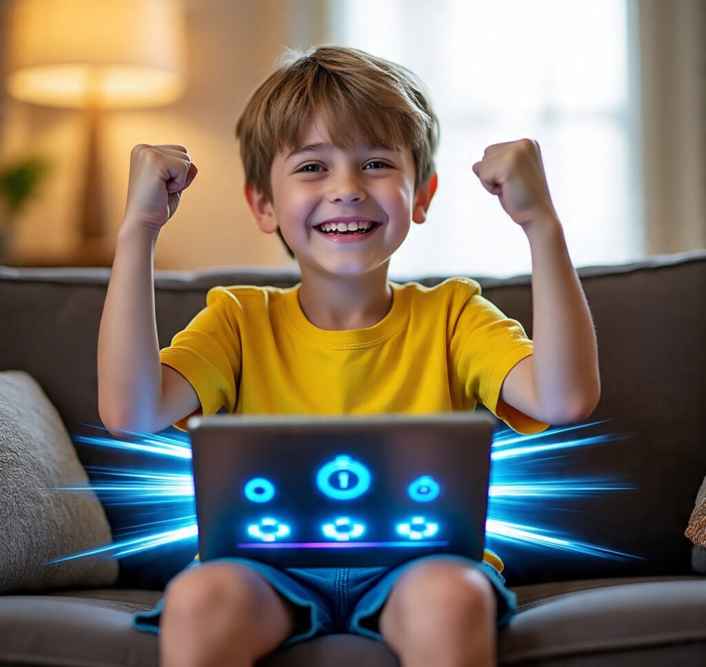 A boy celebrating with raised fists after completing a fast-paced math quiz round.