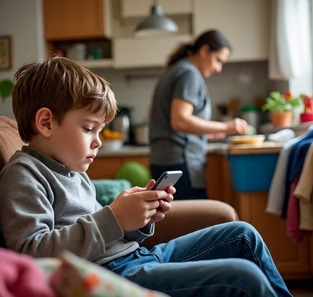 Child glued to screen while parent is busy multitasking