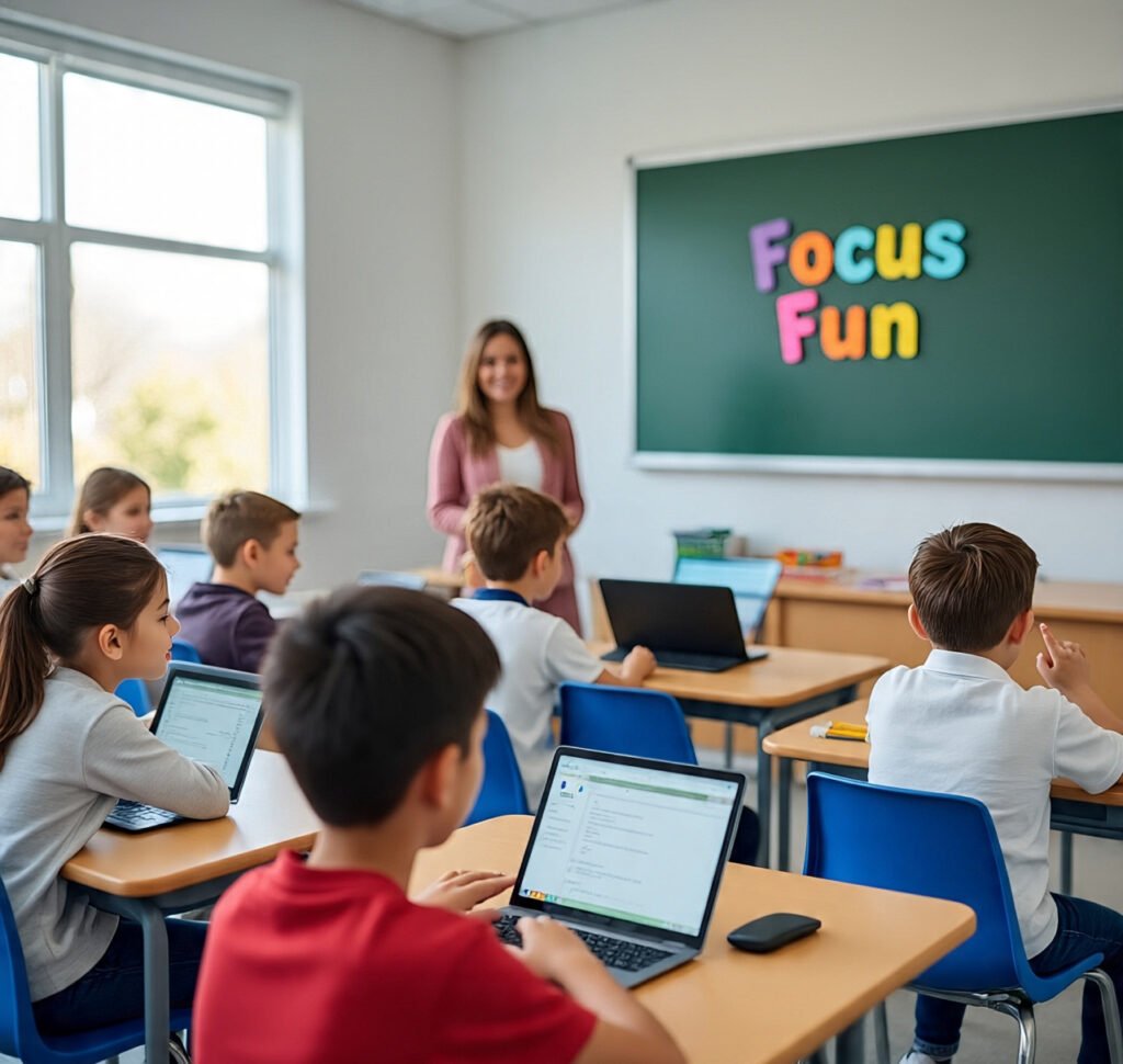 Teacher using Focus Fun to manage screen time in a calm, focused classroom environment.”