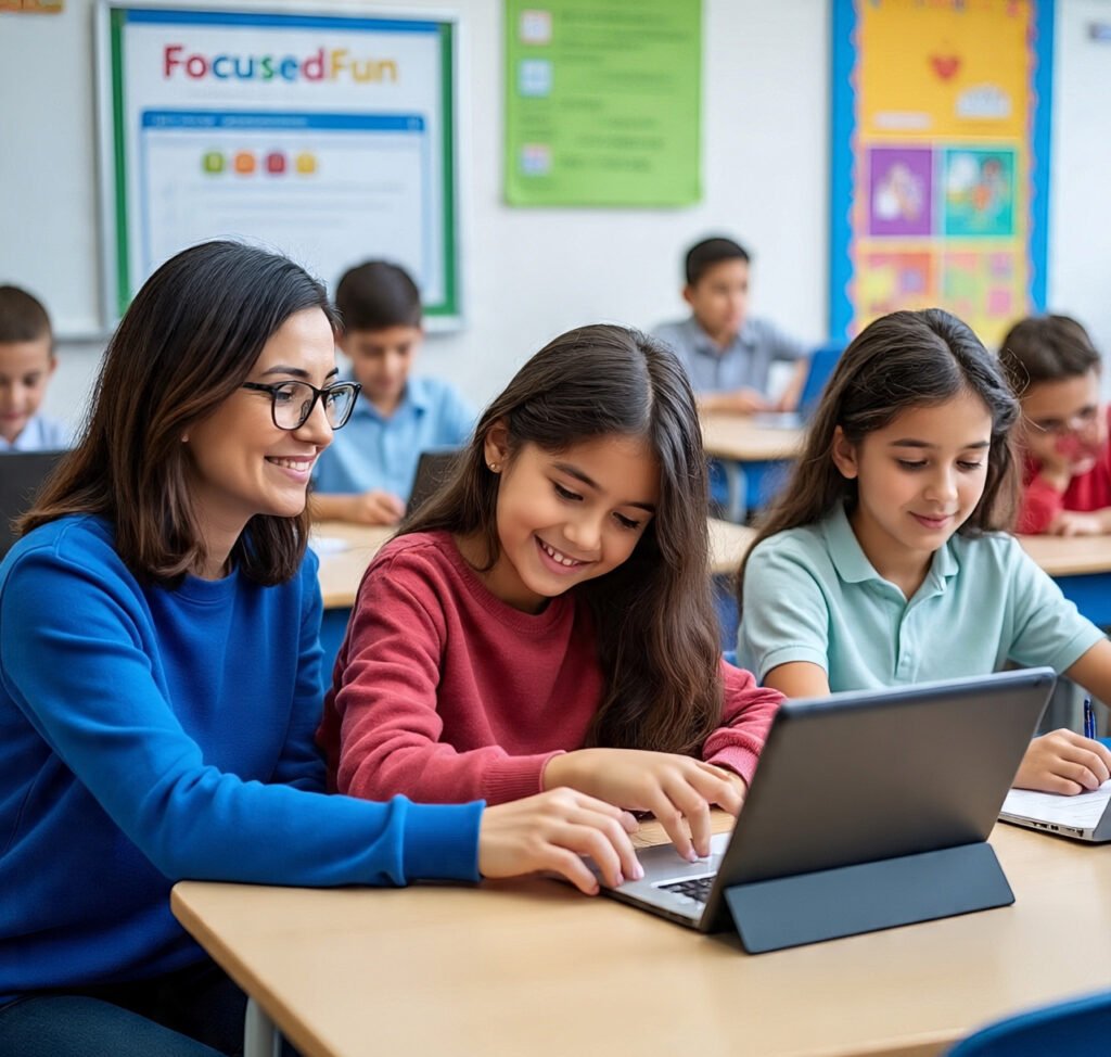 A teacher guides a student using a tablet in a calm, tech-friendly classroom where digital learning is balanced and purposeful.