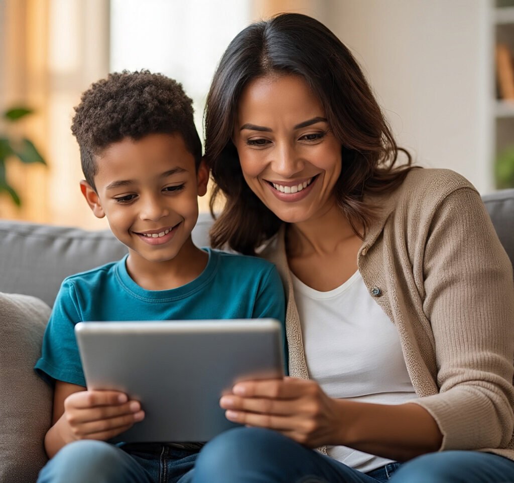 A parent and child smiling while reviewing a math quiz score together.