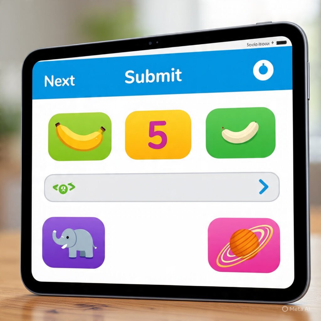 Tablet screen showing a colorful educational game for kids with bananas, numbers, and icons