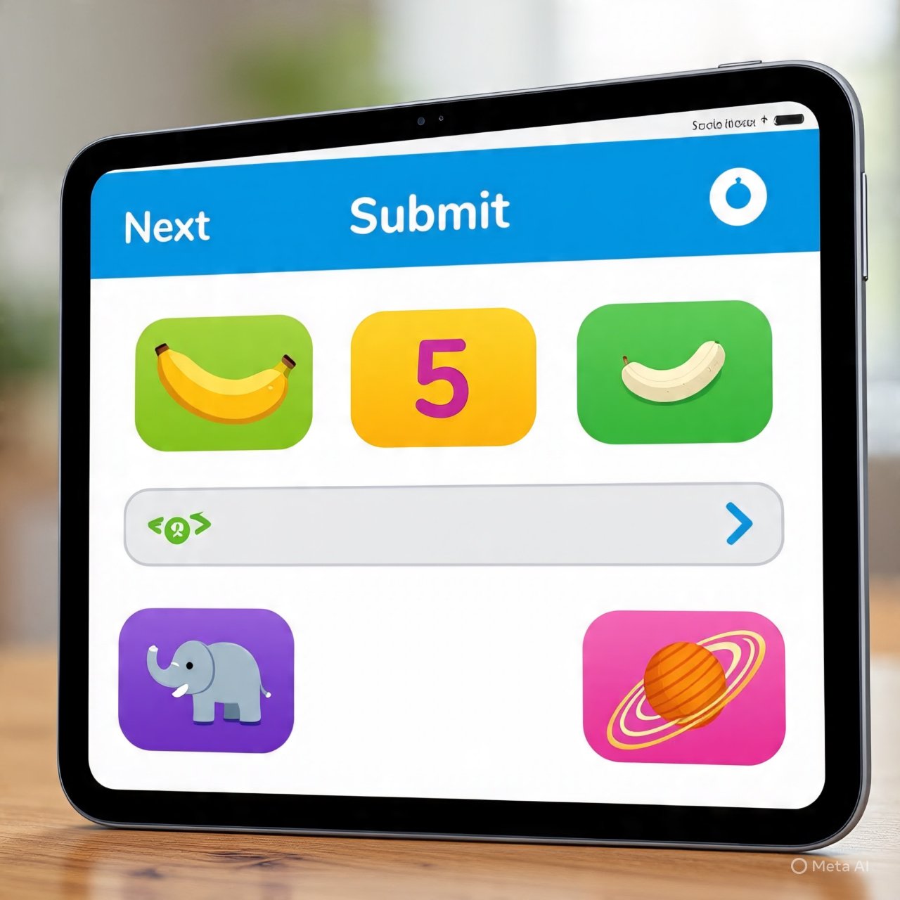 Tablet screen showing a colorful educational game for kids with bananas, numbers, and icons
