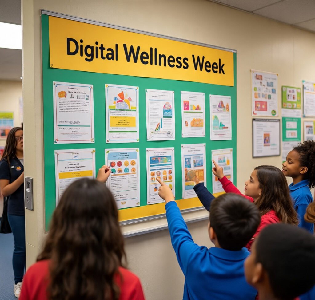 A digital wellness board in school guiding students on healthy screen habits.