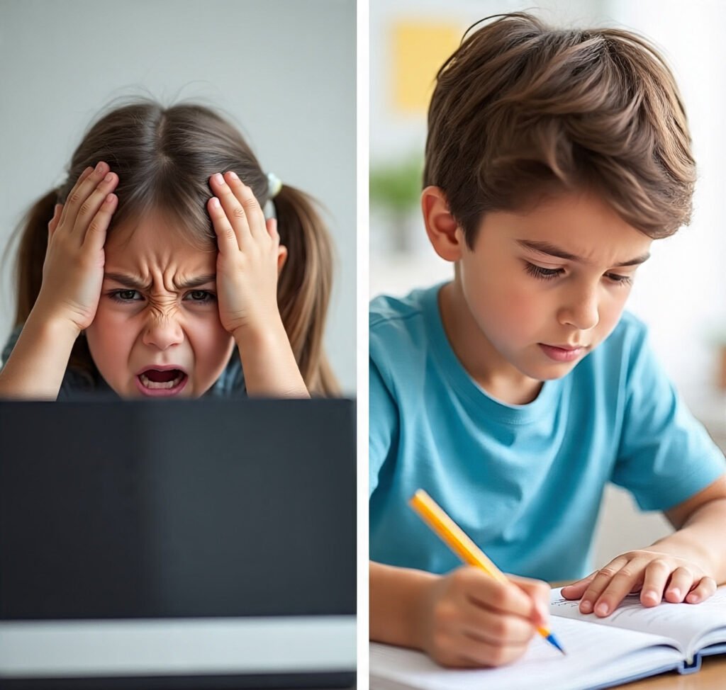 Visual contrast of unhealthy screen time vs. Focus Fun promoting digital wellness in schools.
