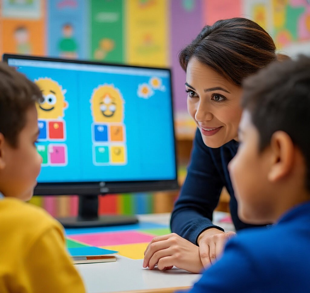 Teacher observing a child’s behavior while playing an educational game