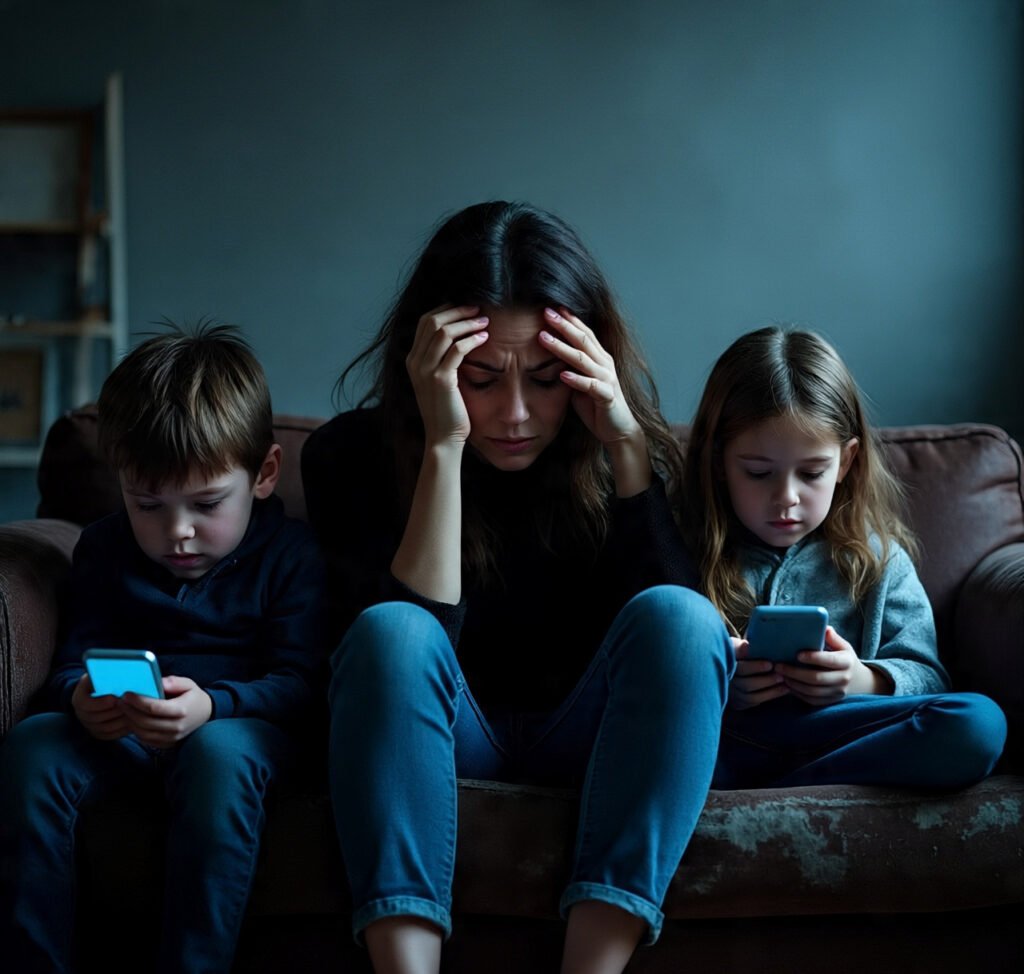 Stressed mom watching kids overusing screens