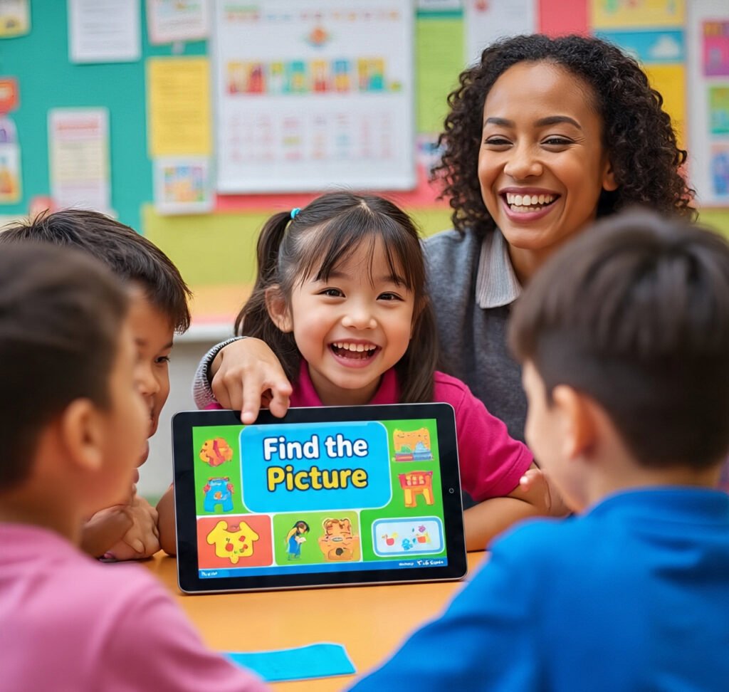 Children playing Focus Fun in a cheerful classroom, promoting digital wellness in schools.