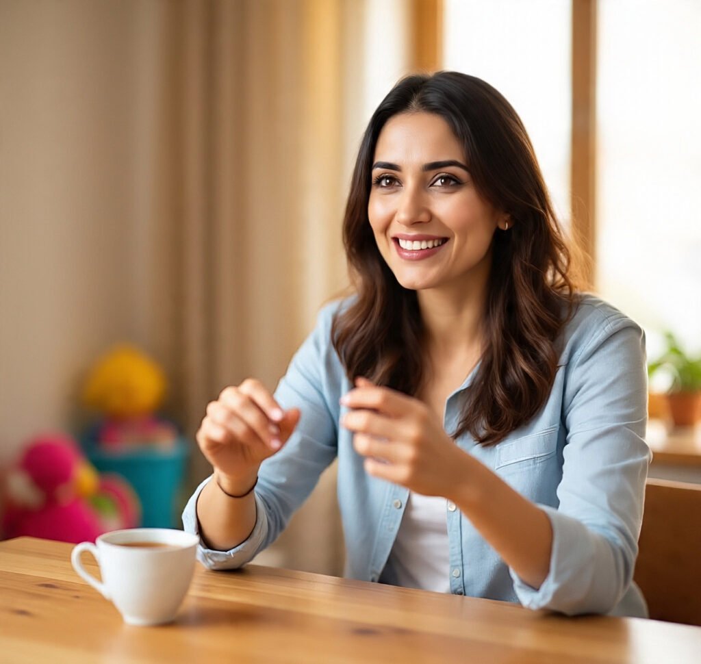 A mother sharing her parenting experience in a warm, homely environment