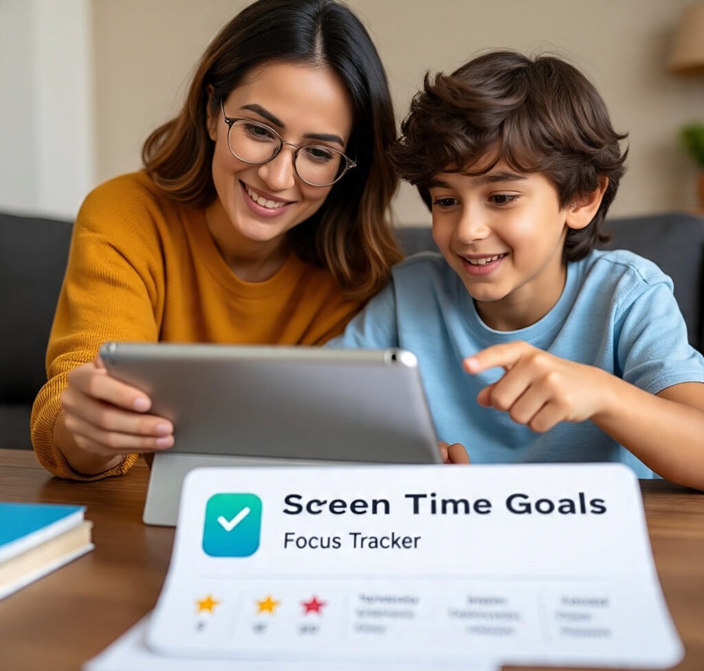 A parent and child sit together reviewing an educational app on a tablet, smiling and collaborating around screen time goals.