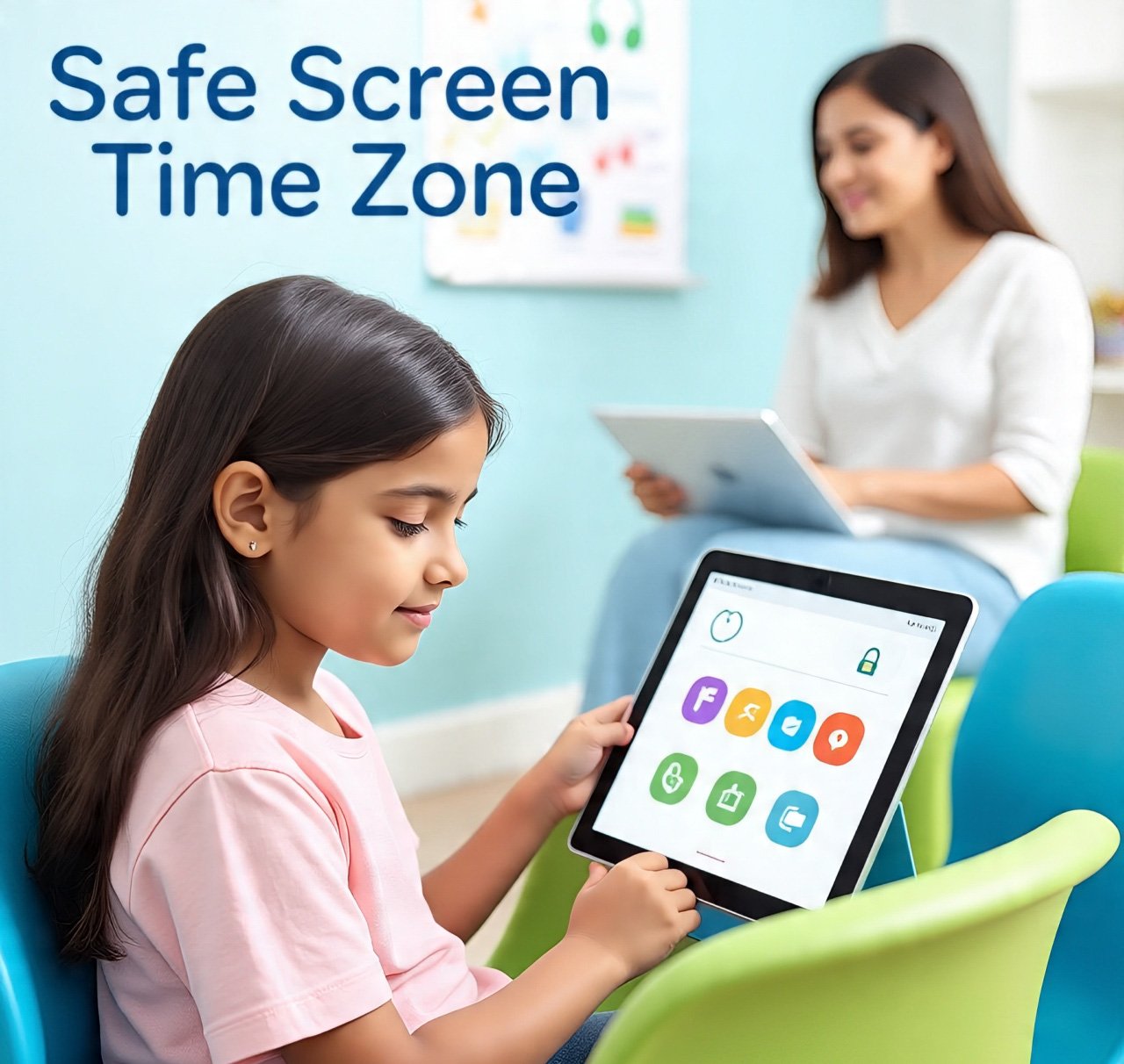 A young girl uses a safe educational app on a tablet while a teacher monitors from a distance in a calm school tech space.