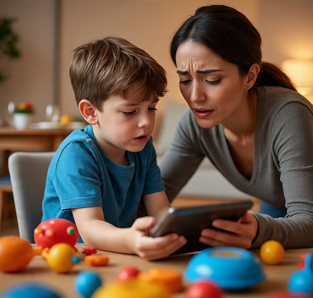 A mother gently removing a tablet from her upset child during dinner time in the living room