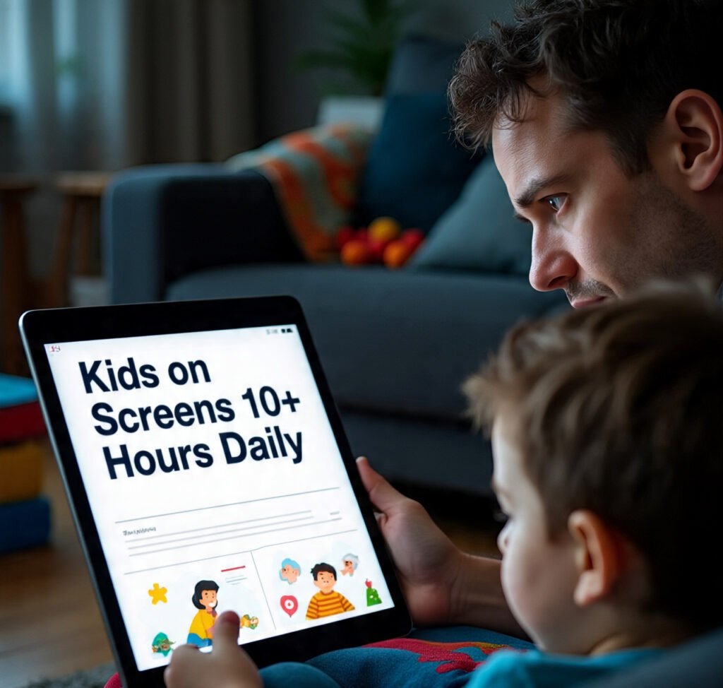 Concerned parent reading screen time news while child uses a smartphone.