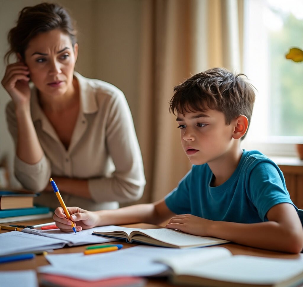 Distracted child looking away from homework, frustrated parent in background.