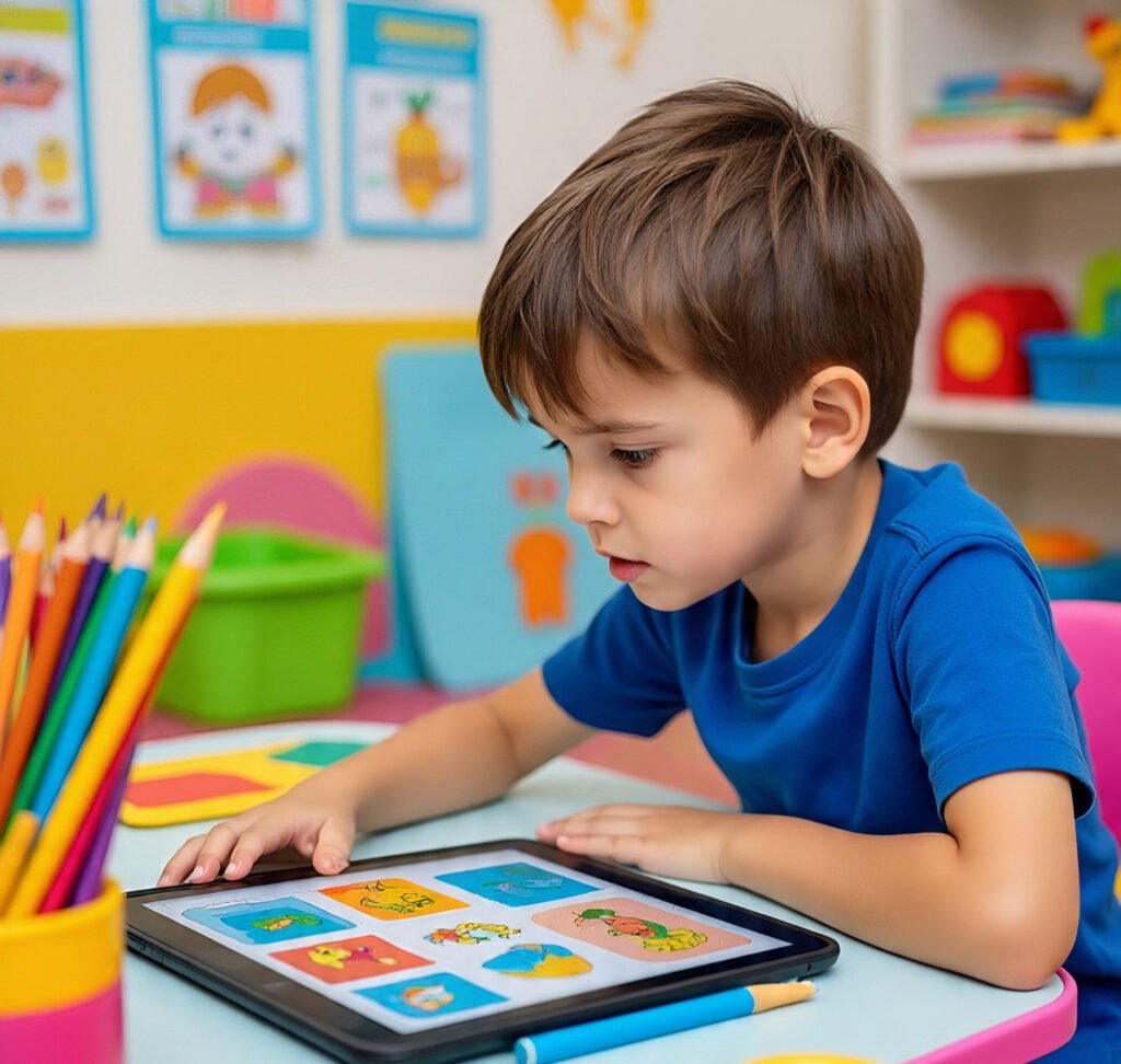 Confused 1st class child playing Find the Picture for 1st Class game on tablet