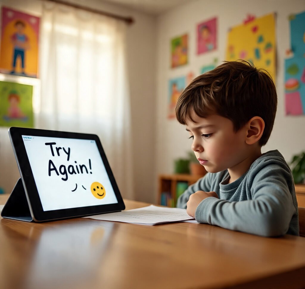 A child looking thoughtfully at a tablet that says “Try Again!” after a wrong answer.