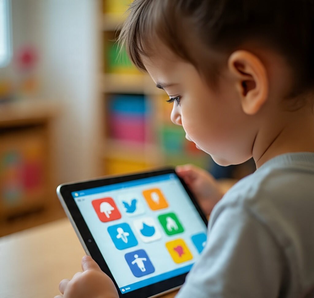 “Class 1 child playing Flip the Images game on a tablet, showing confusion while matching tiles.”
