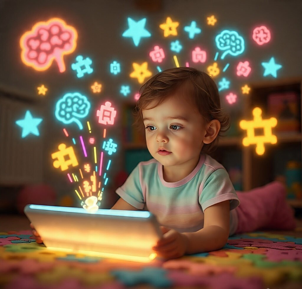 Child using a tablet with brain icons illustrating learning from screen time