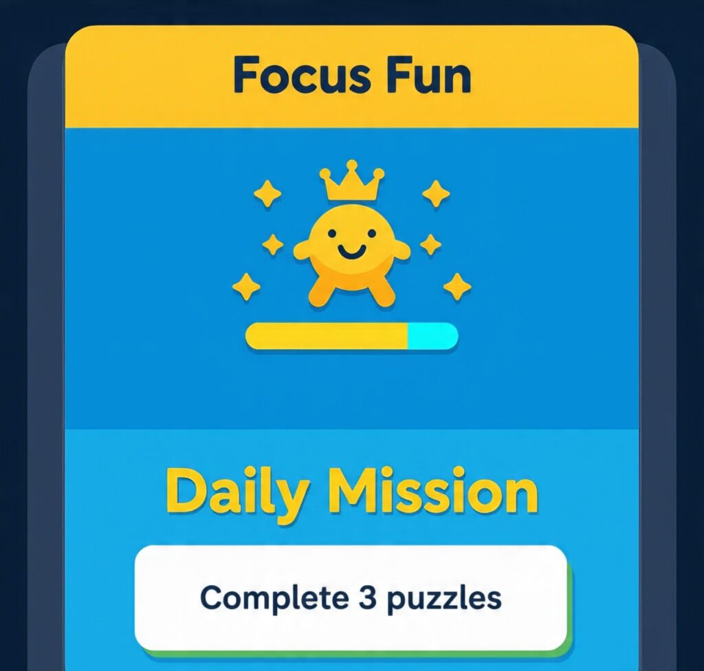A gamified task interface from the Focus Fun app with stars and badges.