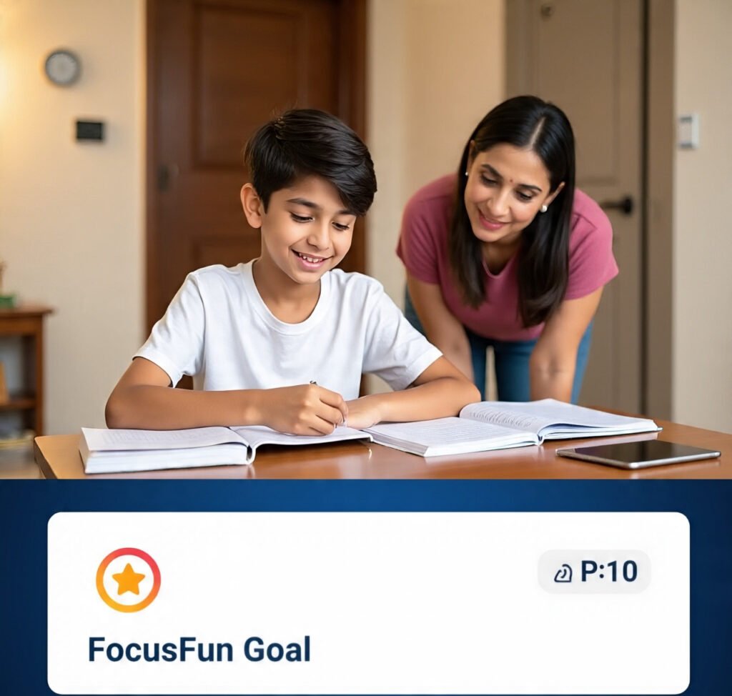 An Indian mother watches her son finish homework while a tablet beside him shows FocusFun’s learning rewards screen.