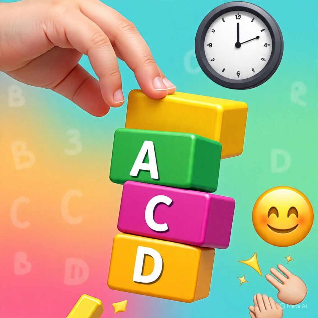 Child stacking colorful letter blocks A, C, D with clock and emojis on a playful educational background