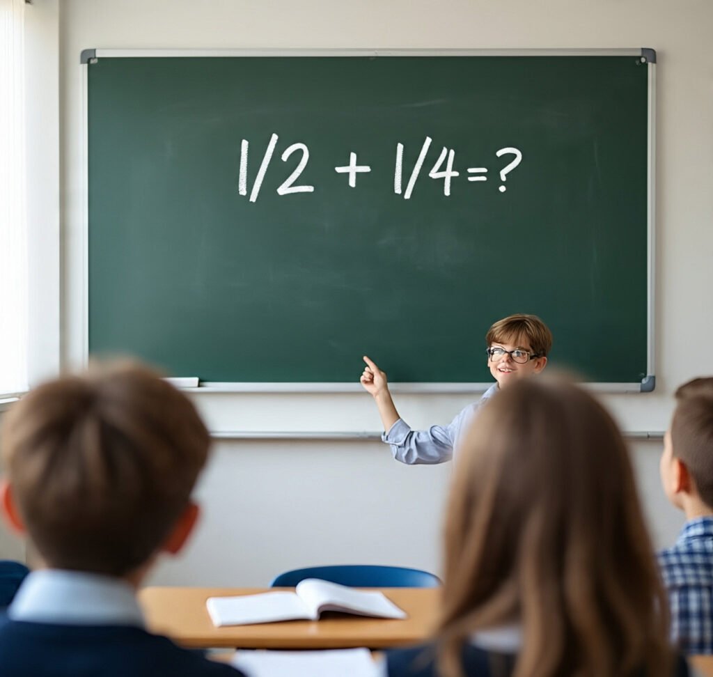 A student standing at the classroom blackboard, solving a math problem with confidence.