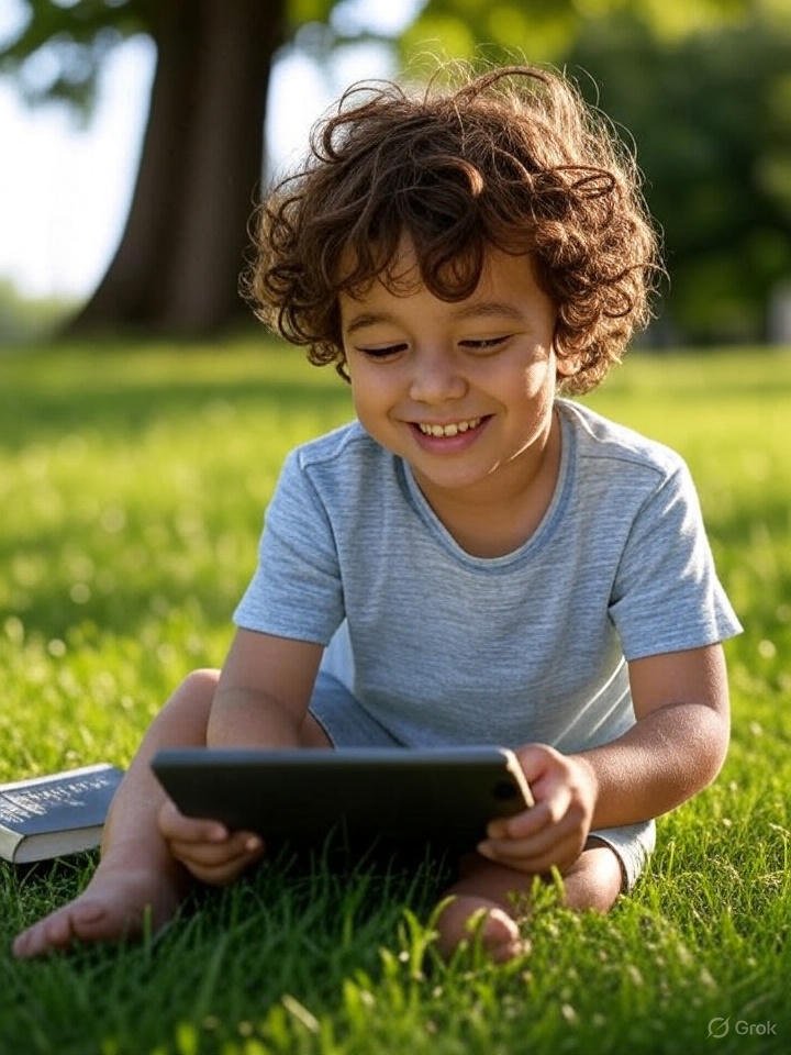A happy child in a light blue shirt and shorts sitting on grass with a tablet, surrounded by greenery in soft daylight, featuring the text “Before You Lose Your Child to the Screen… Do This” overlaid.