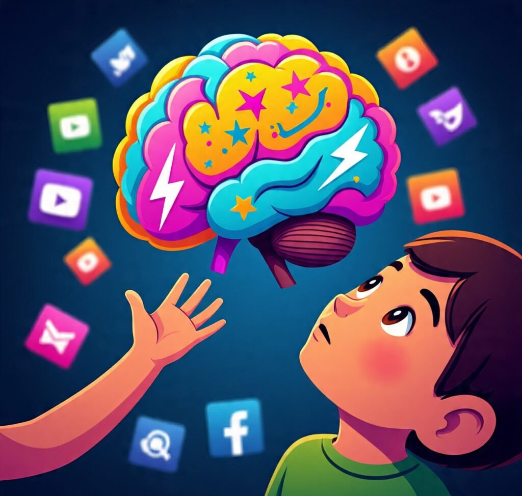 Illustration of child’s brain showing dopamine and screen addiction effects.