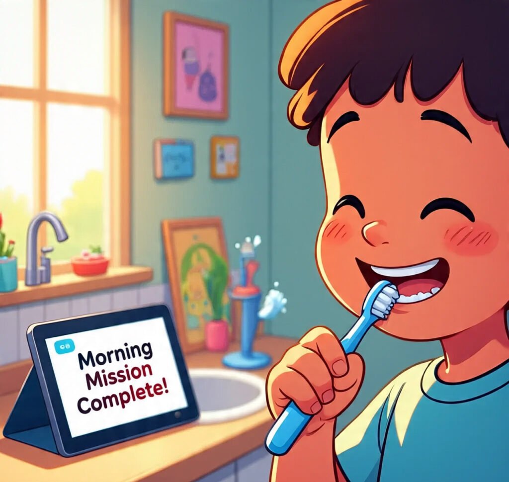Child completing daily routine mission from Focus Fun app in real life.
