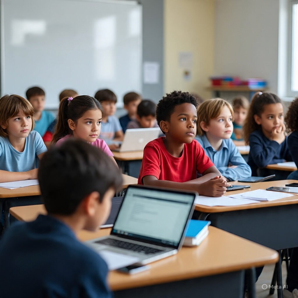 "Students facing digital distraction in a modern tech-enabled classroom setting — highlighting the need for a school screen time strategy"
