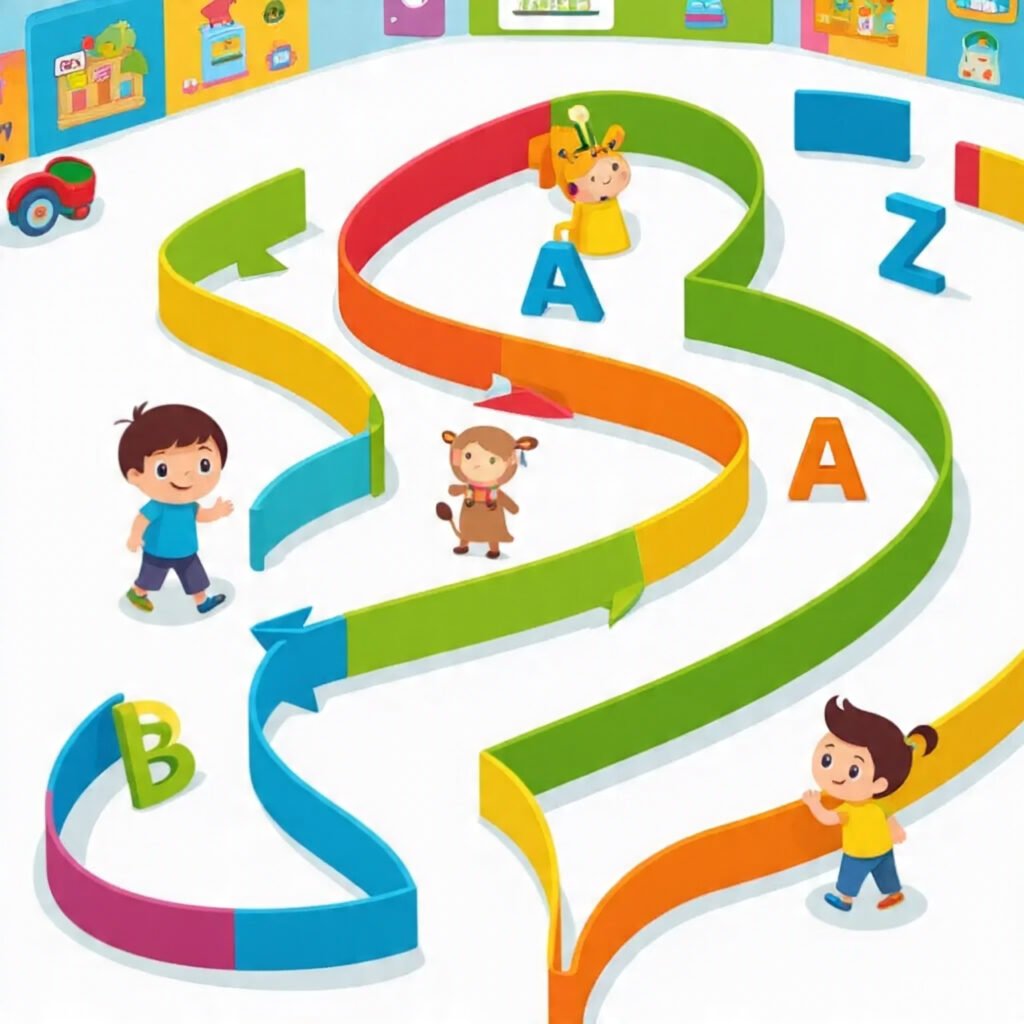 Colorful ABC maze with letters A to Z and a child following the path.