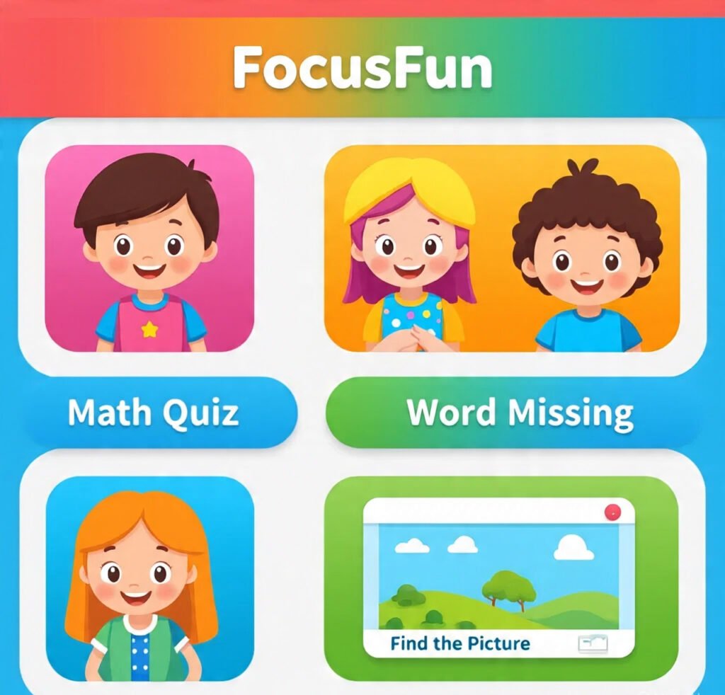 FocusFun educational games interface with kids learning joyfully