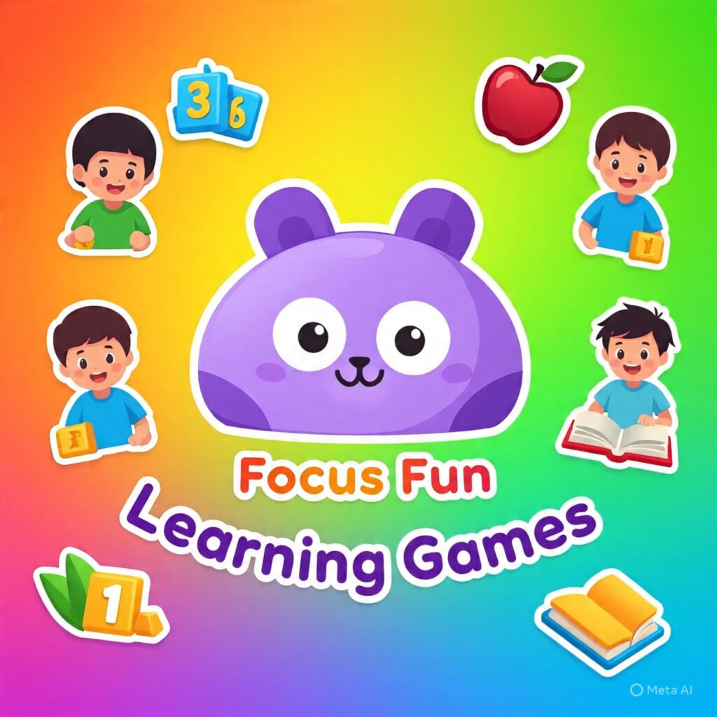 Happy children learning with colorful characters and playful elements in a Focus Fun banner promoting preschool kid games online.
